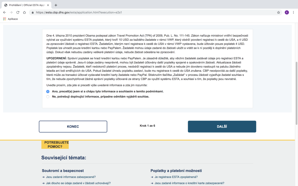 jak vyplnit ESTA