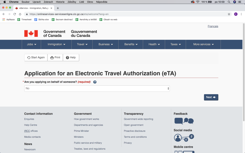 formulář eTa do Kanady