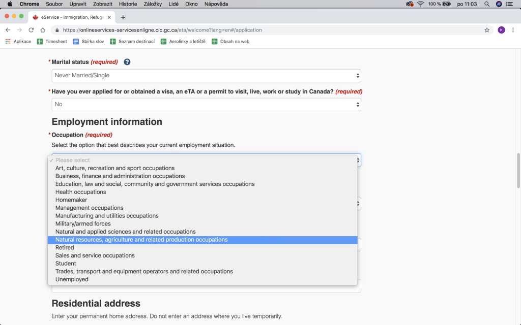 formulář eTa do Kanady