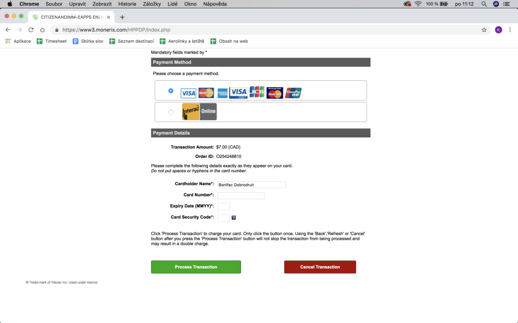 formulář eTa do Kanady