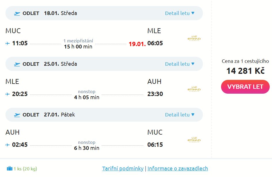 Maledivy z Mnichova nebo Vídně s Etihad Airways