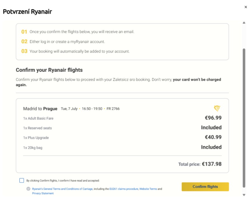 Potvrzení letů Ryanair tlačítkem Confirm flights