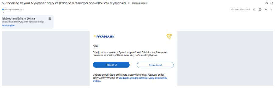 E-mail od Ryanairu s instrukcemi k přidání rezervace do účtu