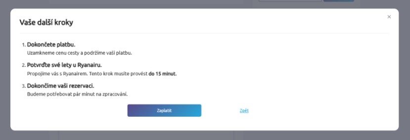 Další kroky při potvrzení rezervace Ryanairu
