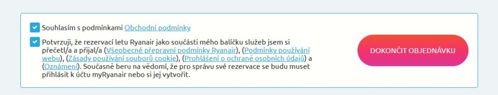 Souhlas s obchodními podmínkami při rezervaci Ryanairu přes Zaletsi.cz